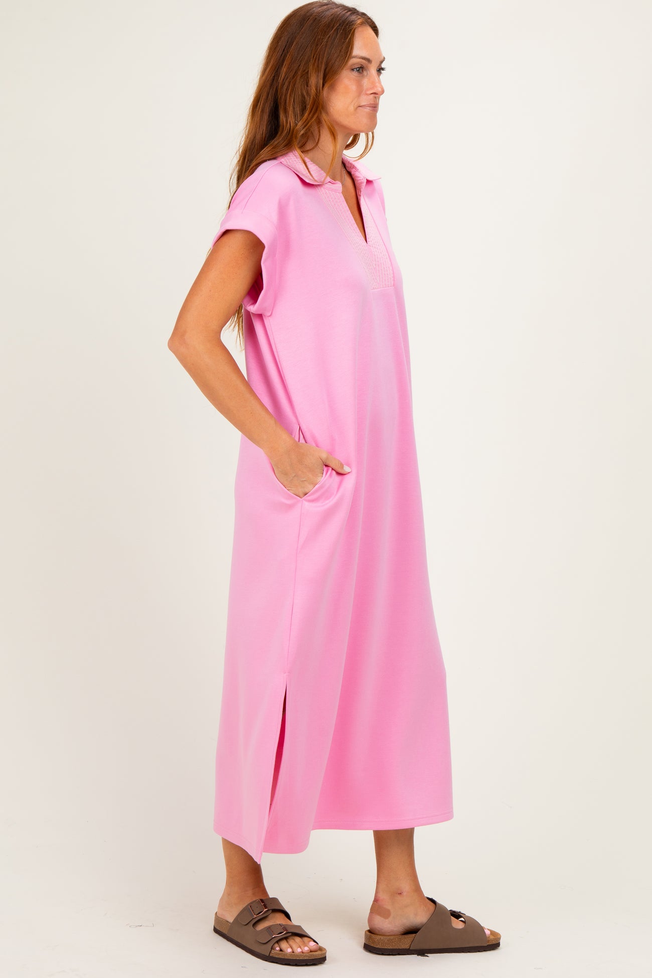 Pink Striped Collared Side Slit Midi Dress