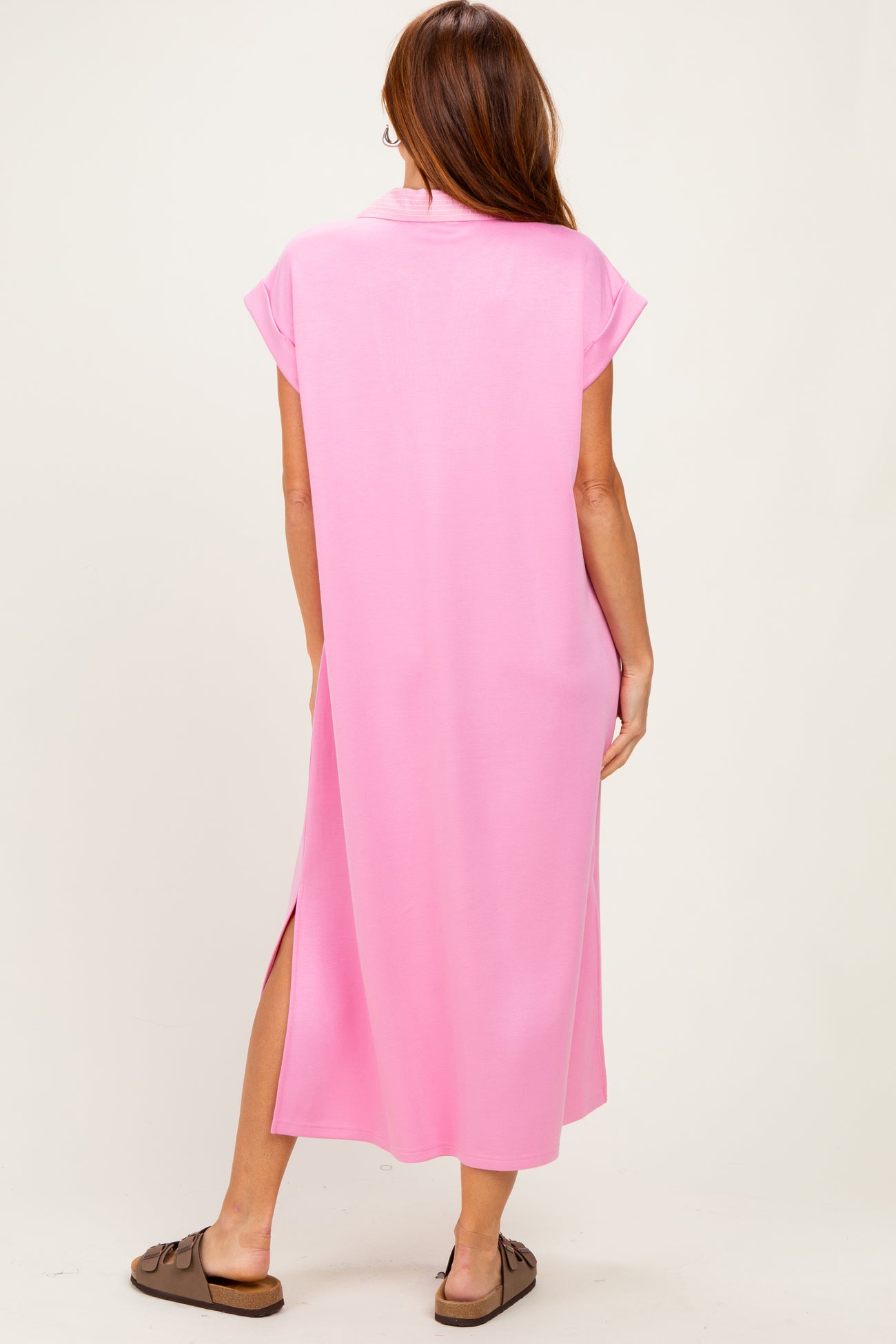 Pink Striped Collared Side Slit Midi Dress