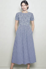 Blue Smocked Gingham Midi Dress