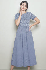 Blue Smocked Gingham Midi Dress