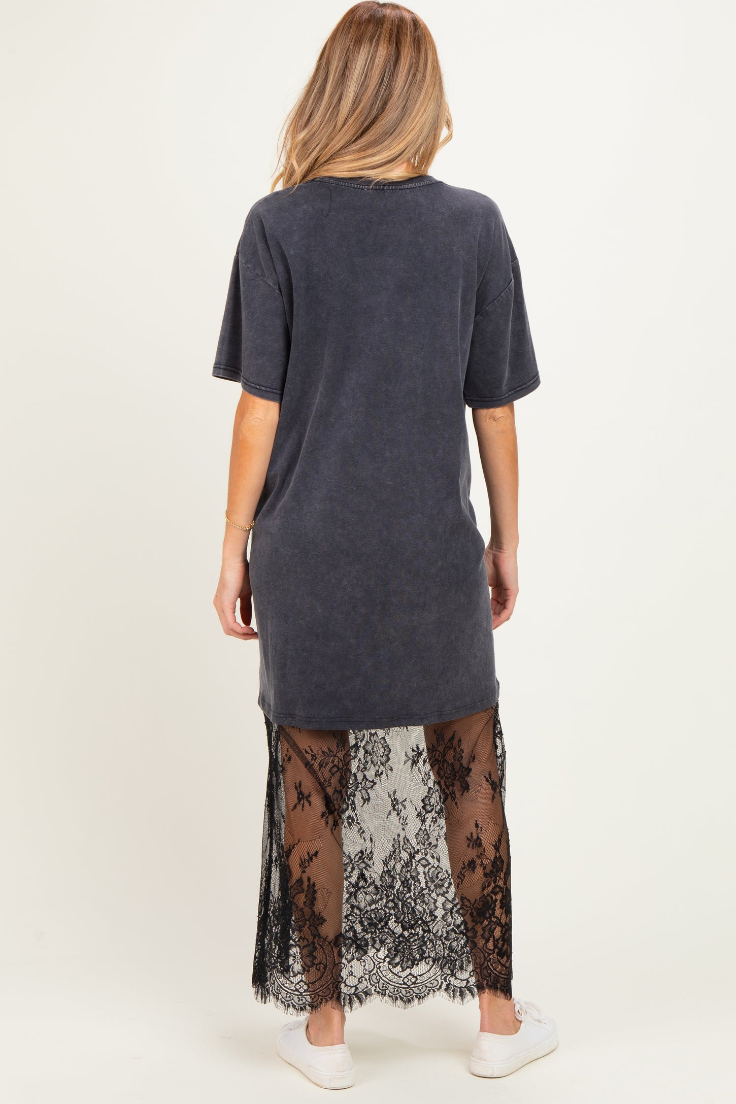 Black Lace Bottom Maternity T-Shirt Dress