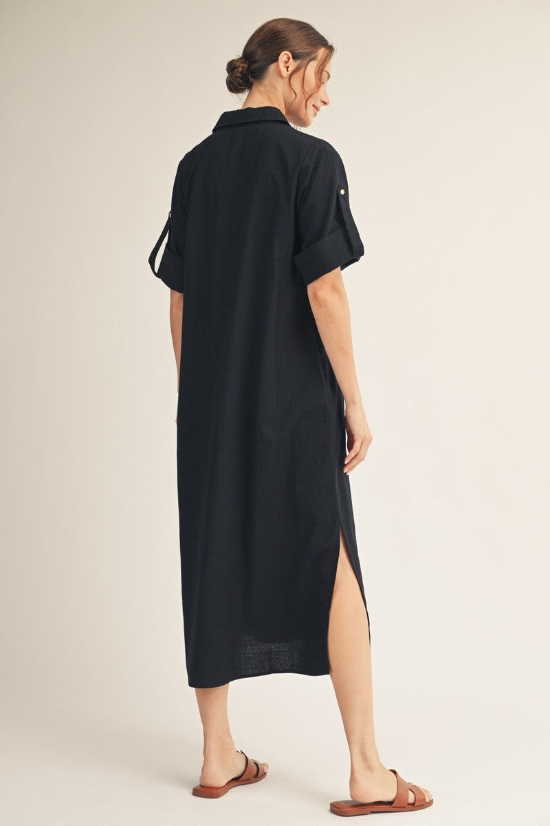 Black Side Slit Button Down Midi Dress