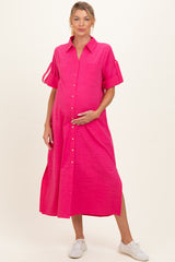 Fuchsia Side Slit Button Down Maternity Midi Dress