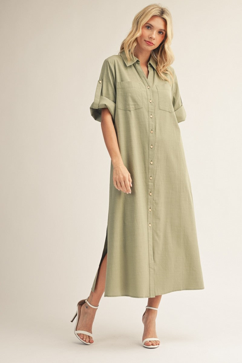 Sage Side Slit Button Down Midi Dress