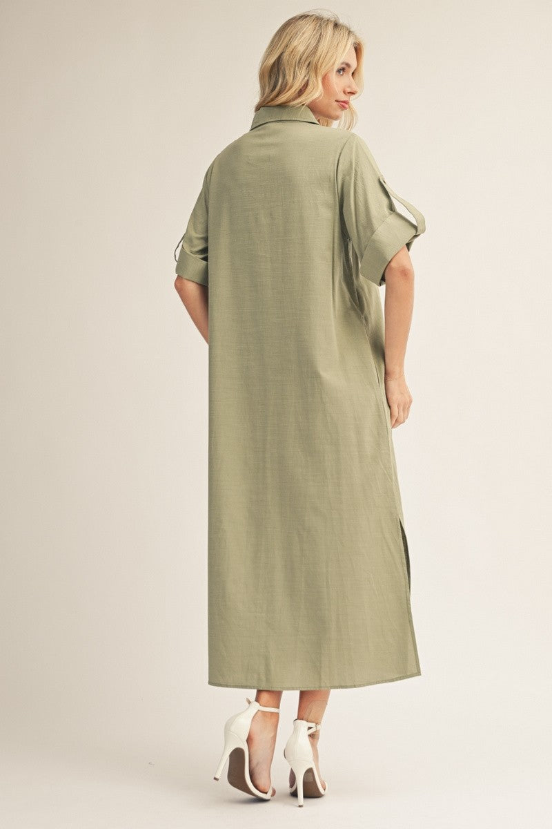Sage Side Slit Button Down Midi Dress