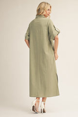 Sage Side Slit Button Down Midi Dress