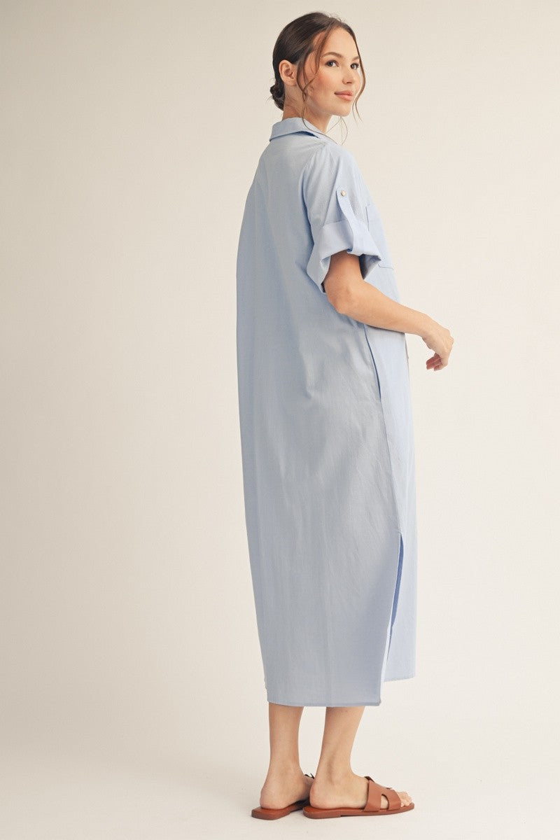 Light Blue Side Slit Button Down Midi Dress