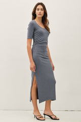 Slate Ruched Short Sleeve Side Slit Midi Dress