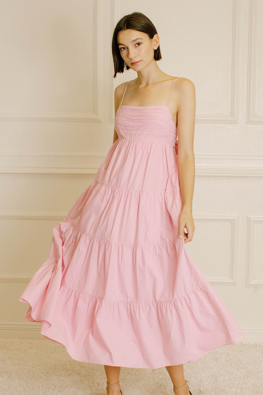 Light Pink Tiered Bow Detail Midi Dress