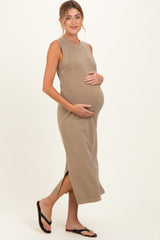 Light Mocha Side Slit Maternity Midi Tank Dress