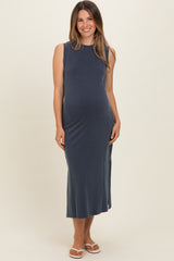 Navy Side Slit Maternity Midi Tank Dress