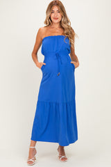 Capri Blue Strapless Cinched Waist Tie Maternity Maxi Dress