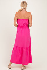 Hot Pink Strapless Cinched Waist Tie Maxi Dress