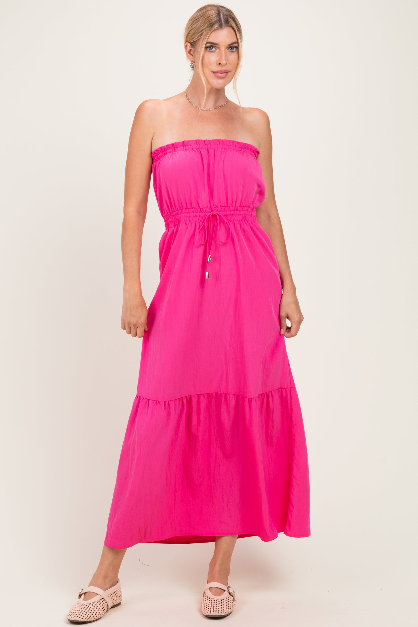 Hot Pink Strapless Cinched Waist Tie Maxi Dress