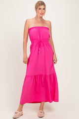 Hot Pink Strapless Cinched Waist Tie Maxi Dress