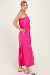 Hot Pink Strapless Cinched Waist Tie Maxi Dress