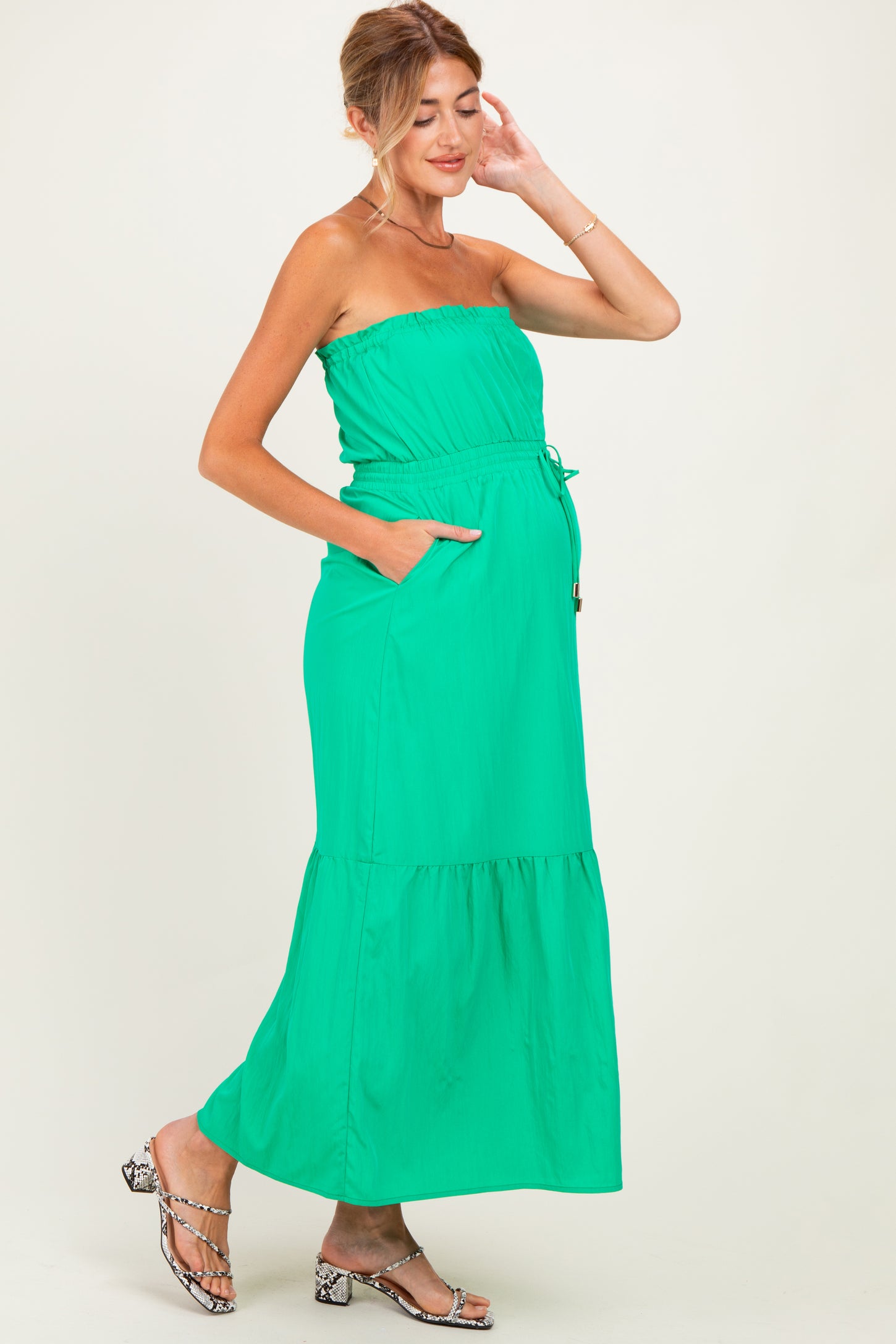 Green Strapless Cinched Waist Tie Maternity Maxi Dress