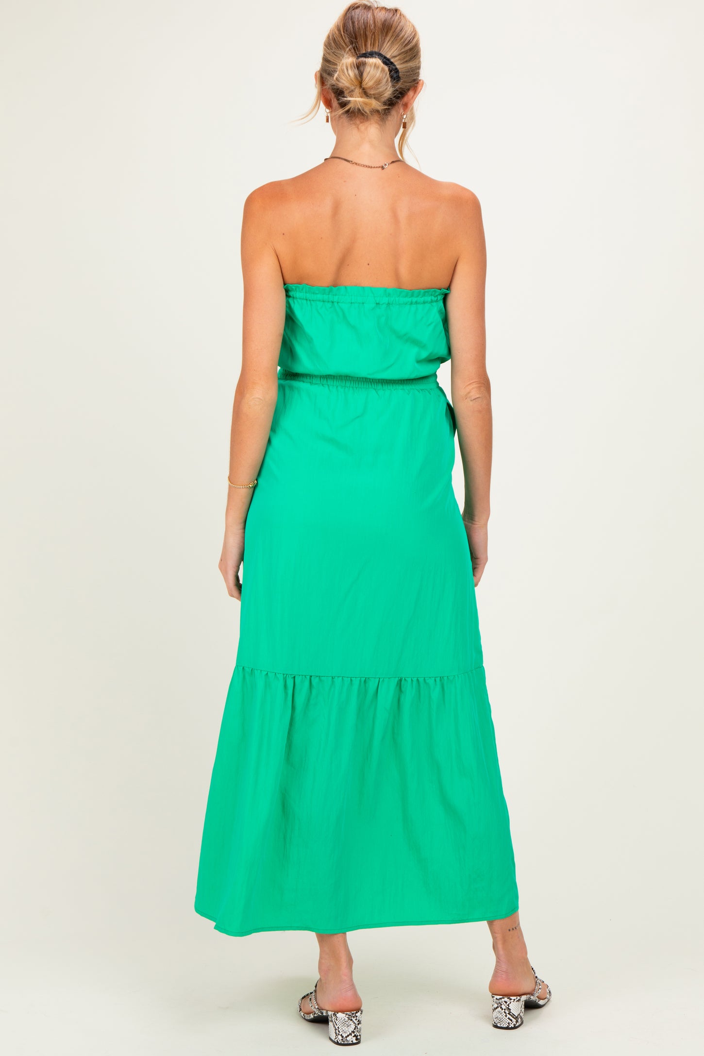 Green Strapless Cinched Waist Tie Maternity Maxi Dress
