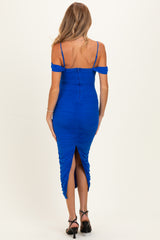 Royal Blue Ruched Mesh Off Shoulder Maternity Midi Dress