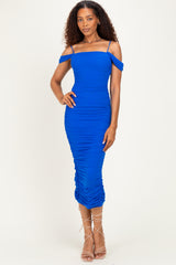 Royal Blue Ruched Mesh Off Shoulder Maternity Midi Dress