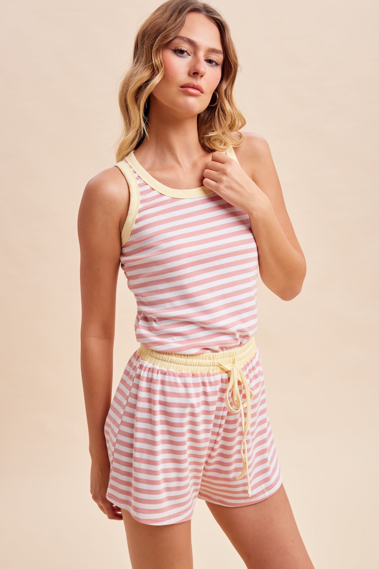Blush Striped Solid Trim Tank Short Set