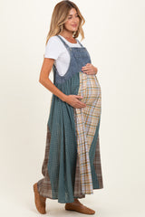 Denim Plaid Colorblock Overall Maternity Dress