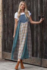 Denim Plaid Colorblock Overall Dress