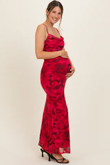 Red Printed Crisscross Back Maternity Maxi Dress