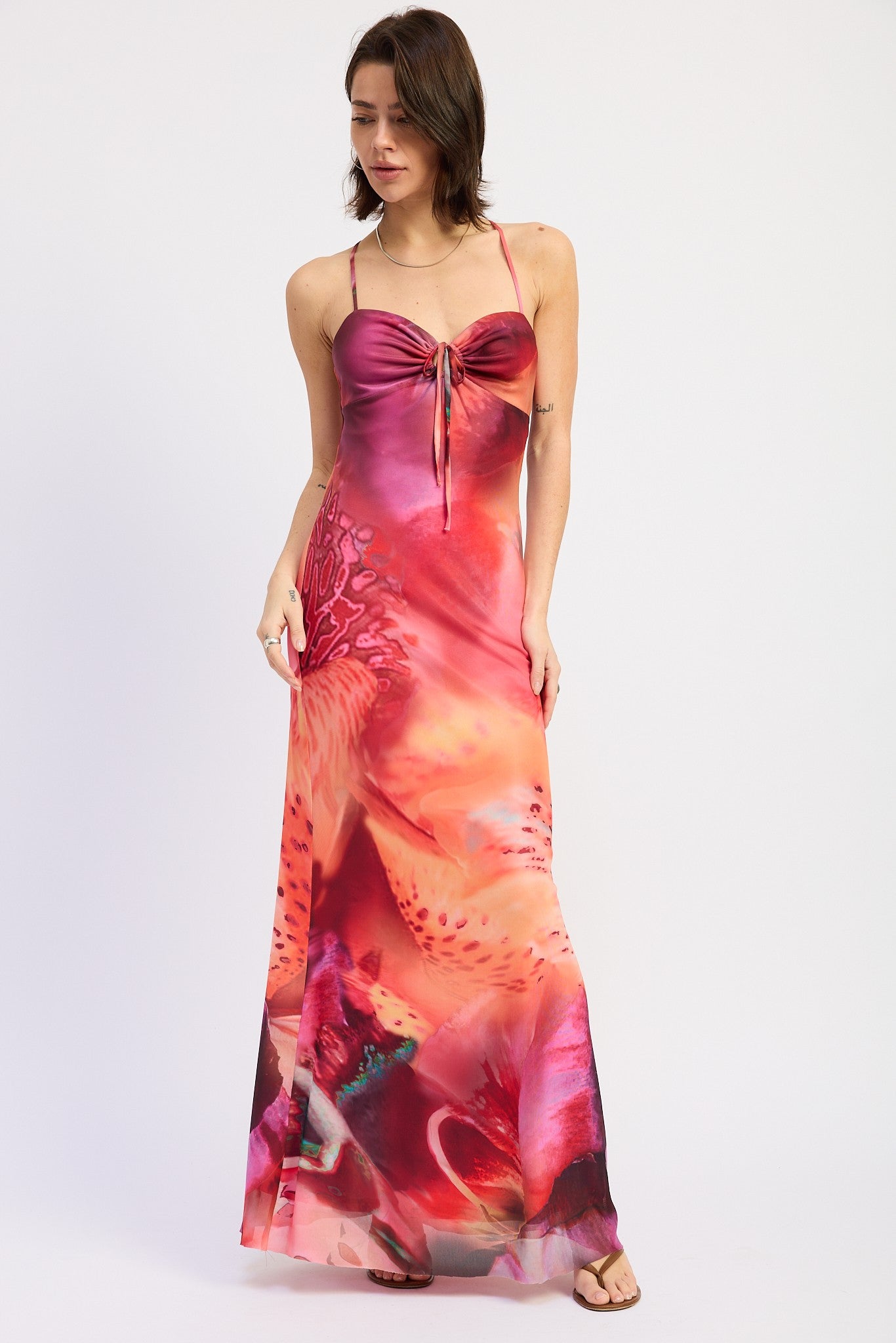 Pink Printed Crisscross Back Maxi Dress