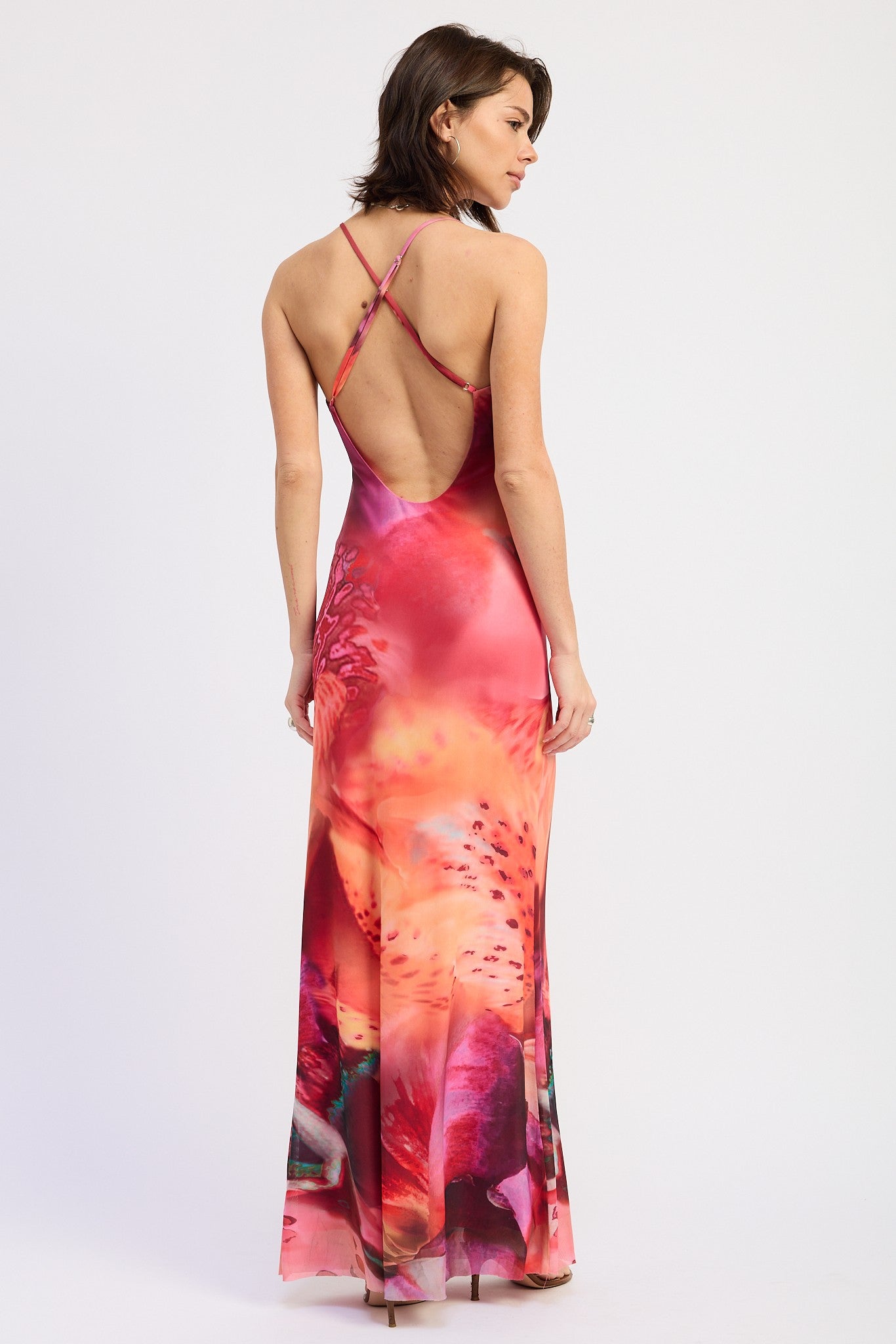Pink Printed Crisscross Back Maxi Dress
