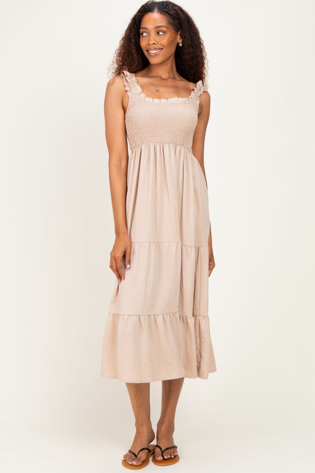 Natural Smocked Tiered Ruffle Detail Maternity Dress