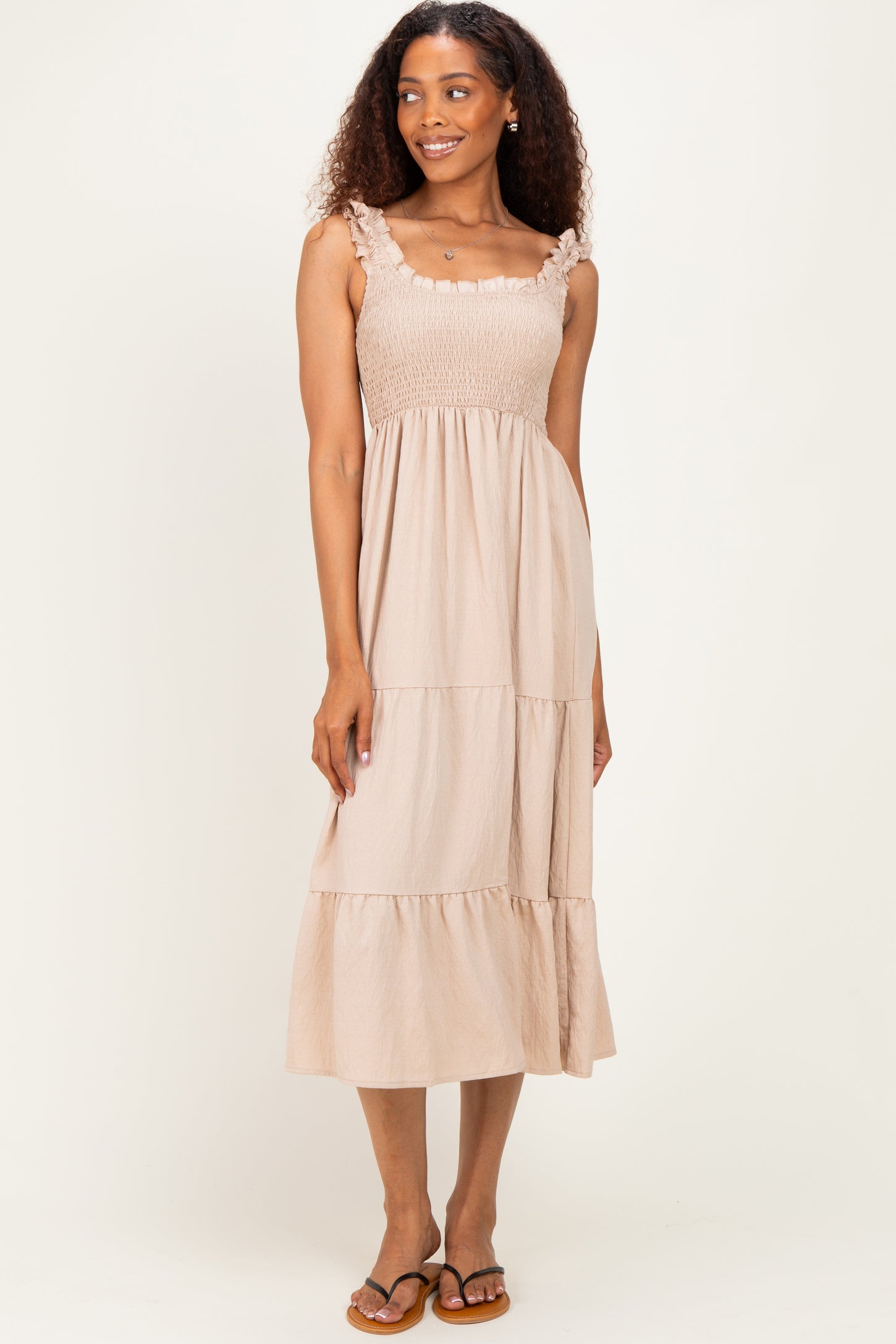 Natural Smocked Tiered Ruffle Detail Maternity Dress