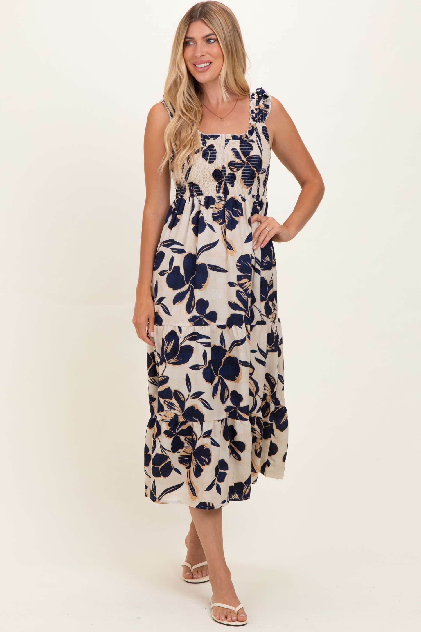 Navy Floral Smocked Tiered Midi Dress