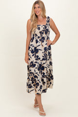 Navy Floral Smocked Tiered Midi Dress