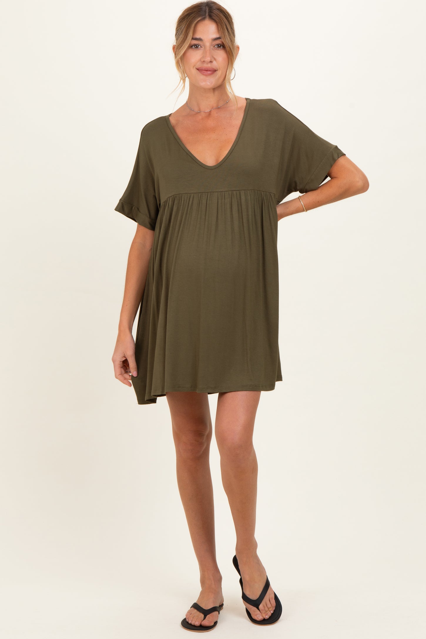Olive V-Neck Basic Maternity Dress