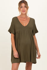 Olive V-Neck Basic Maternity Dress