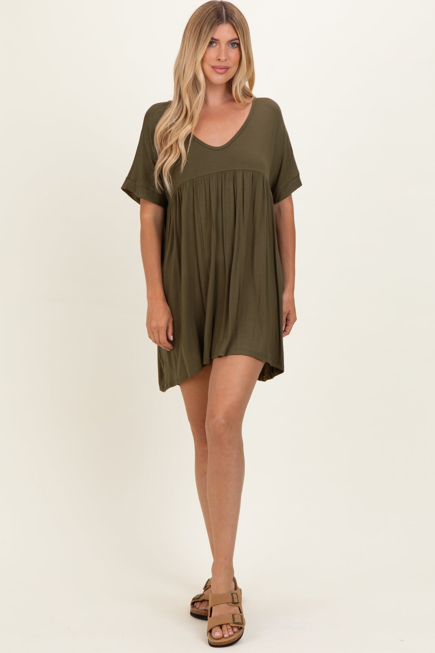 Olive V-Neck Basic Maternity Dress
