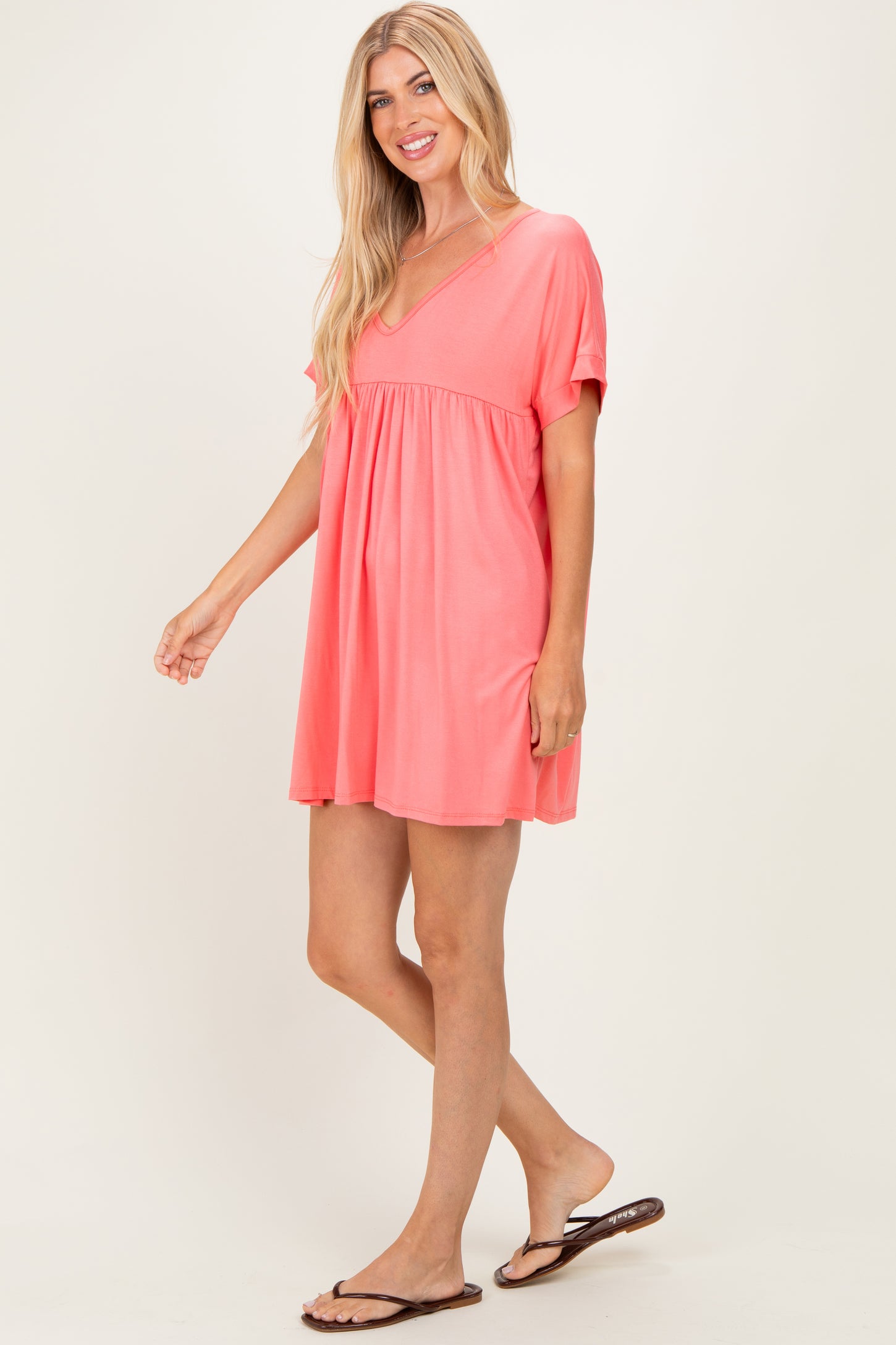 Coral V-Neck Basic Dress