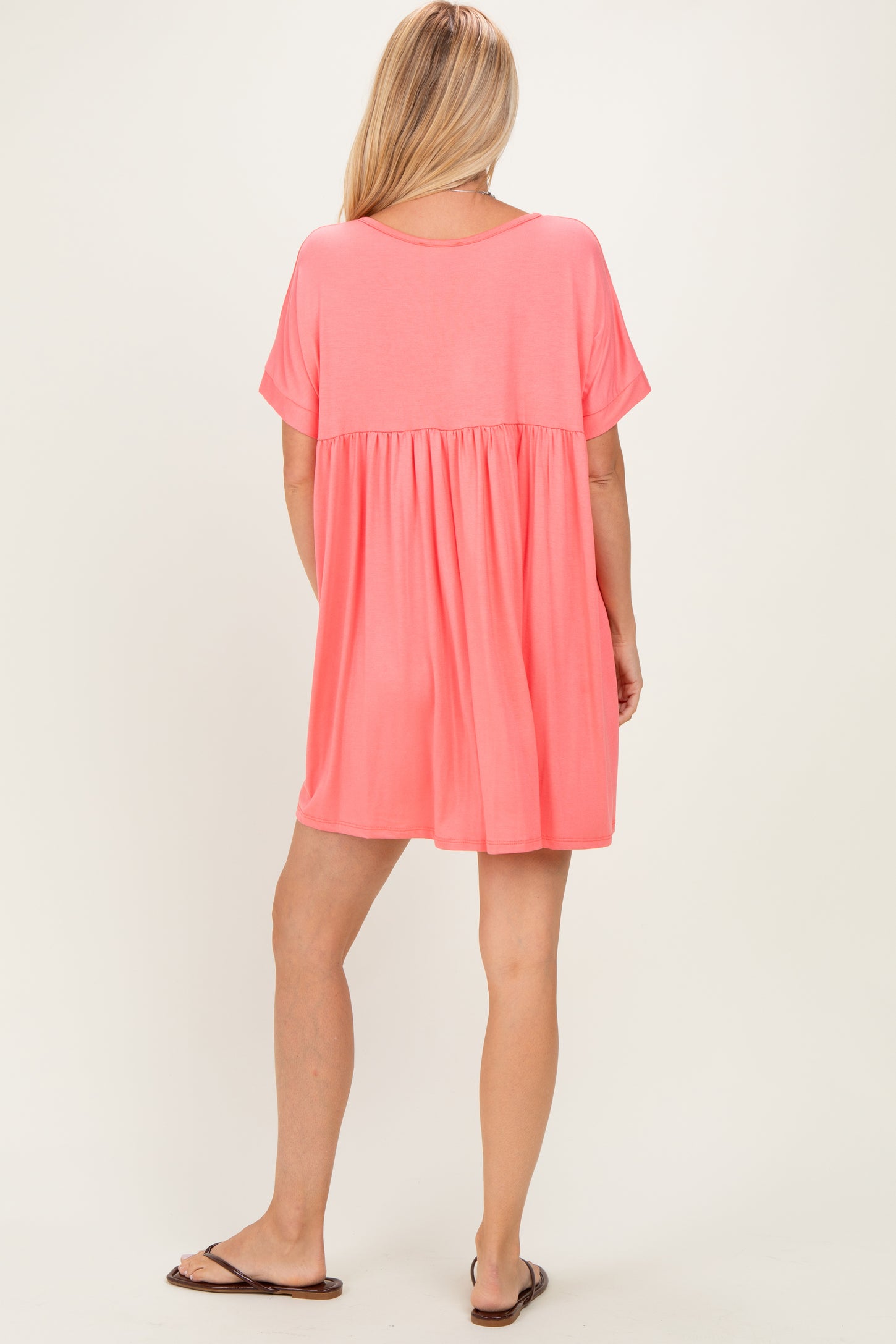 Coral V-Neck Basic Dress