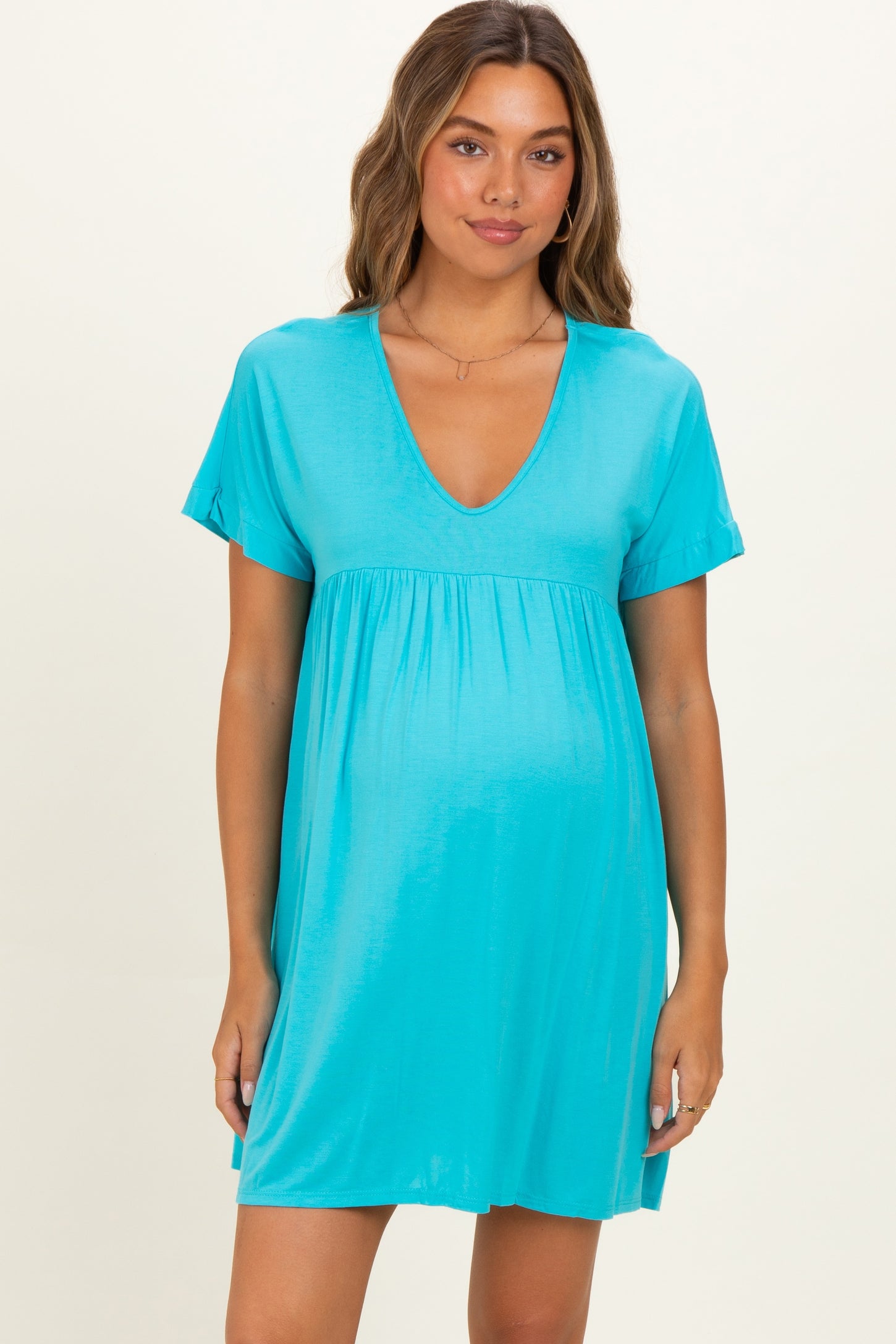Teal V-Neck Basic Maternity Dress