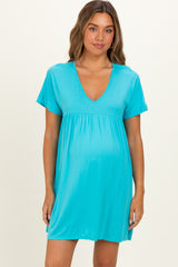 Teal V-Neck Basic Maternity Dress