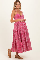 Red Gingham Cutout Tie Back Tiered Maternity Maxi Dress