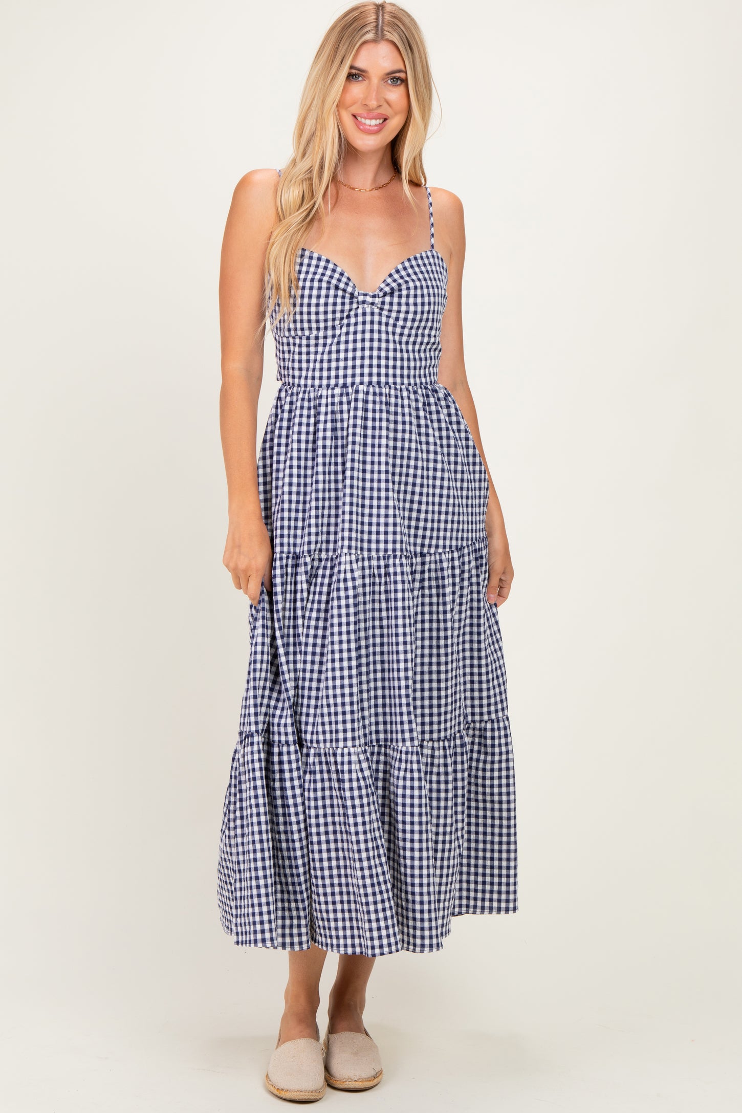 Navy Gingham Cutout Tie Back Tiered Maxi Dress