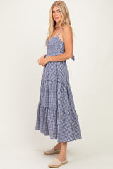 Navy Gingham Cutout Tie Back Tiered Maxi Dress