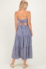 Navy Gingham Cutout Tie Back Tiered Maxi Dress