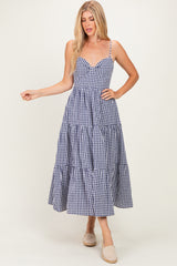 Navy Gingham Cutout Tie Back Tiered Maxi Dress