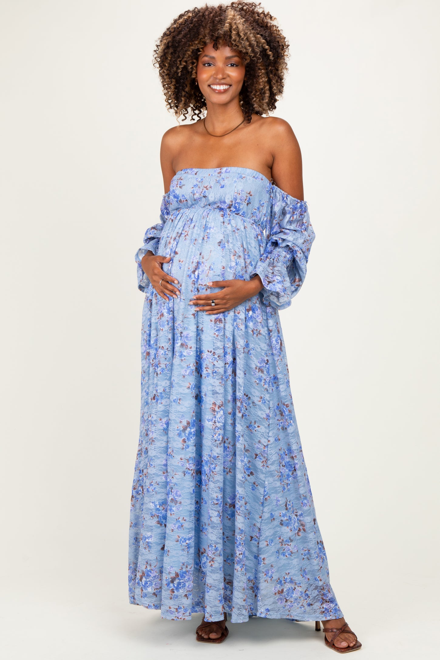 Blue Off Shoulder Long Sleeve Maternity Maxi Dress
