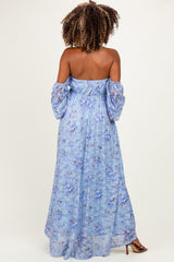 Blue Off Shoulder Long Sleeve Maternity Maxi Dress