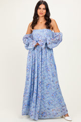 Blue Off Shoulder Long Sleeve Maternity Maxi Dress