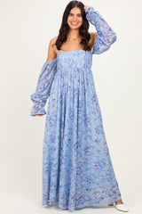 Blue Off Shoulder Long Sleeve Maxi Dress